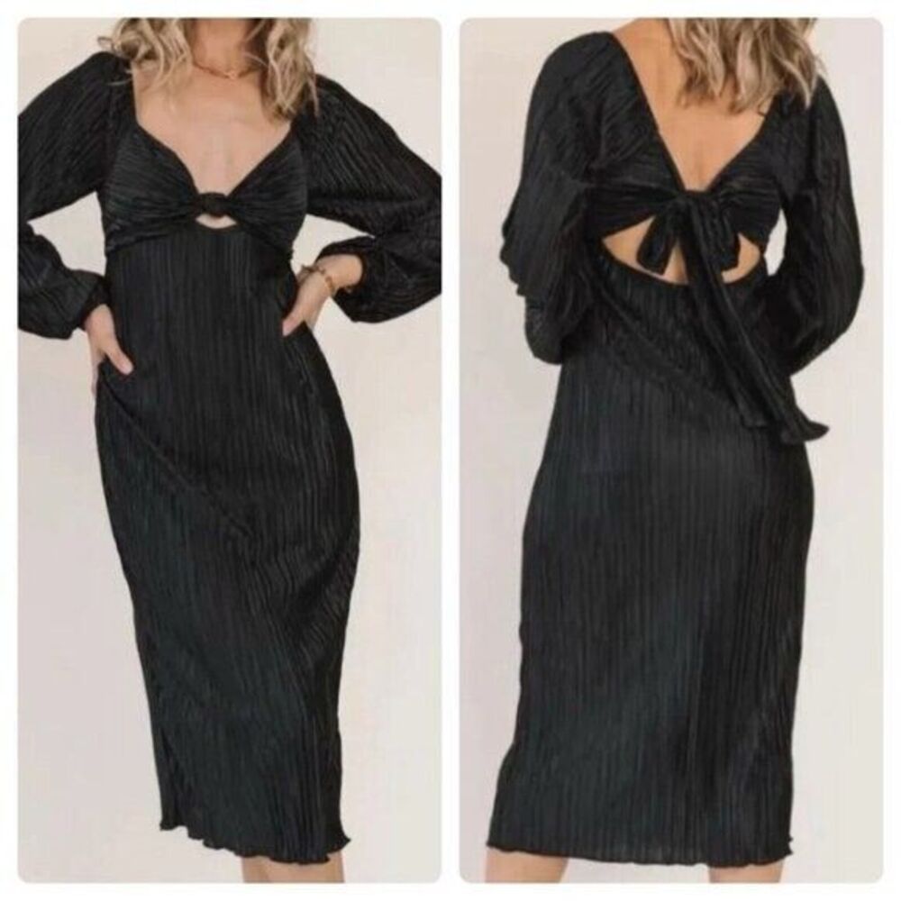 Gilli Plisse Dark Green Long Sleeve Tie-Back Midi Dress Womens L Cutout Detail